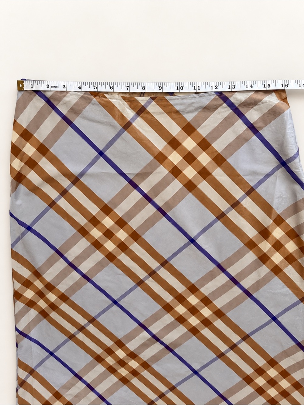New Burberry Light Blue Plaid A-Line Skirt with Tan and Blue Stripes - Picture 2 of 6